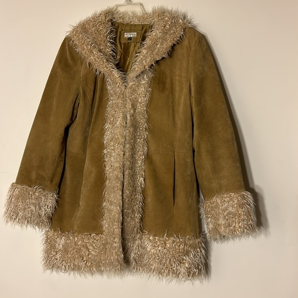 Vintage suede leather long faux fur sherpa trim beige long sleeve coat jacket - Picture 3 of 8